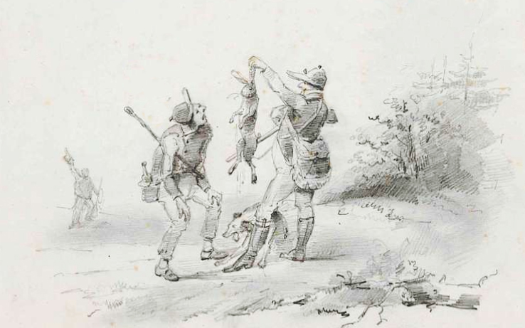 jagers met aangeschoten haas, Lambertus Lingeman, 19e eeuw, Rijksmuseum